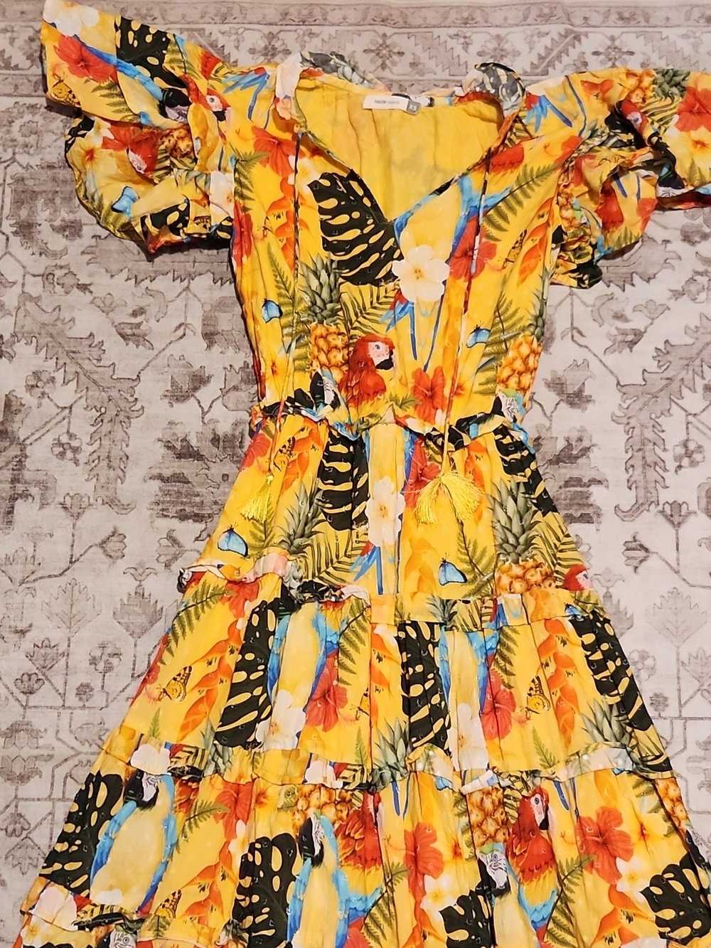 Yellow Tropical Tiered Midi Dress with Puff Sleeves